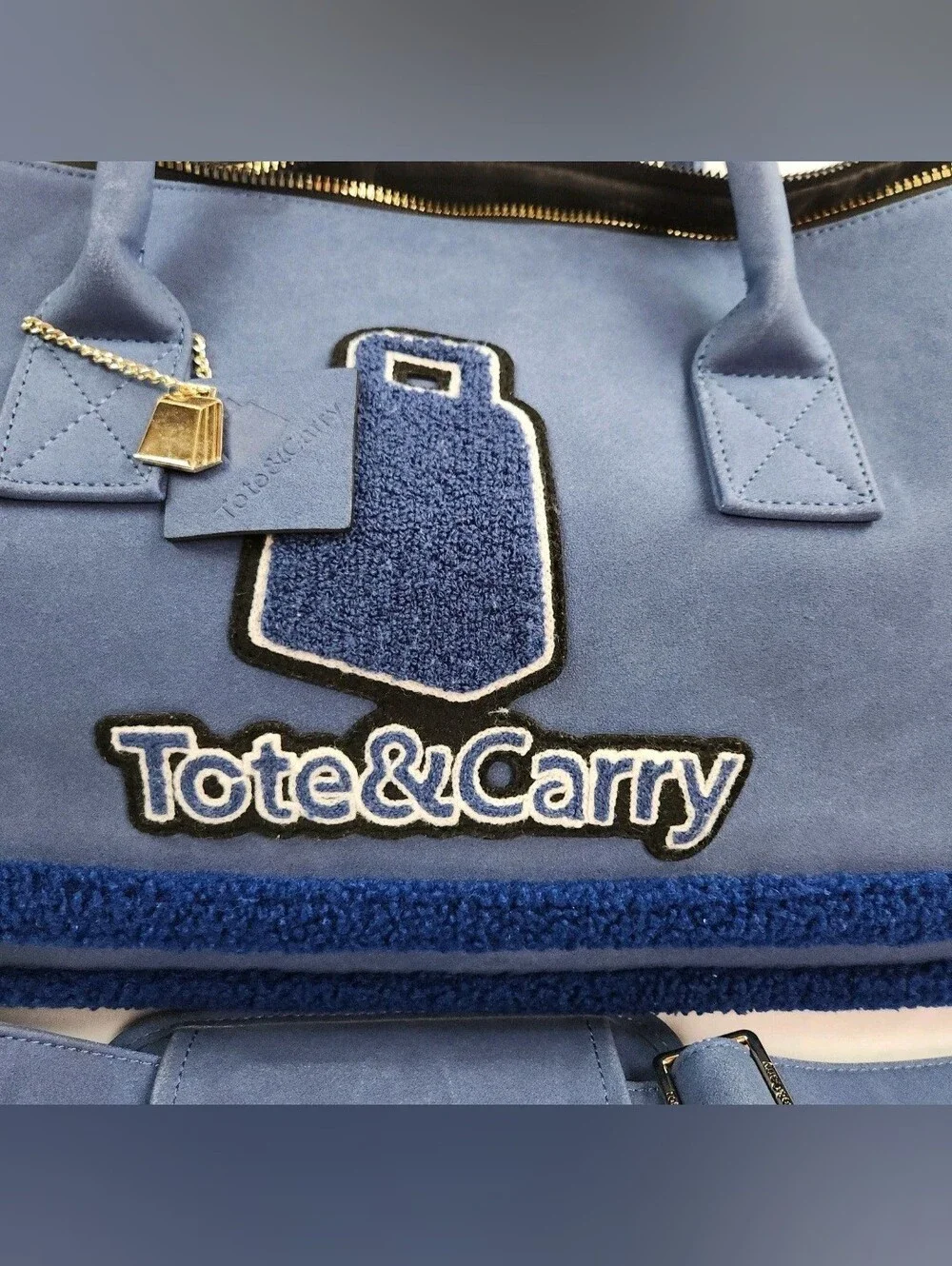 Tote And Carry Duffel Bag Blue Suede Shoulder Strap Gold Accent 2014 Collection